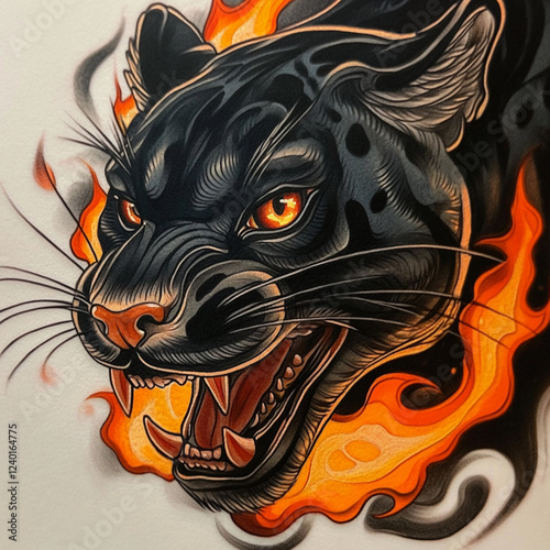 Neotraditional tattoo of a panther with flames. photo