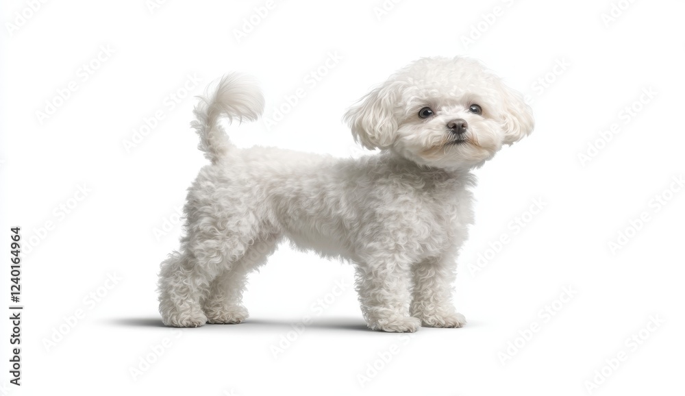Adorable fluffy white dog standing against a white background. The dog is looking directly at the camera with a curious expression. Its fur is neatly Adorable fluffy white dog standing against a white background. The dog is looking directly at the camera with a curious expression. Its fur is neatly