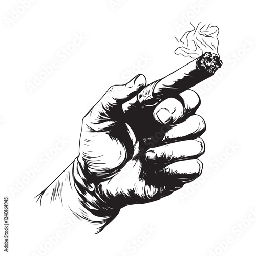 Male hand holding burning cigar vintage image vector isolated on white background.
