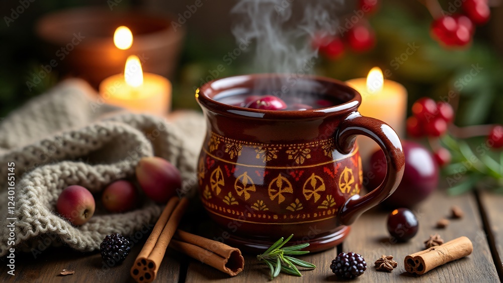 Fototapeta premium A ceramic mug with intricate folk patterns holds steaming mulled wine. Warm candlelight, rustic wood, and festive spices create a cozy, traditional Eastern European scene.
