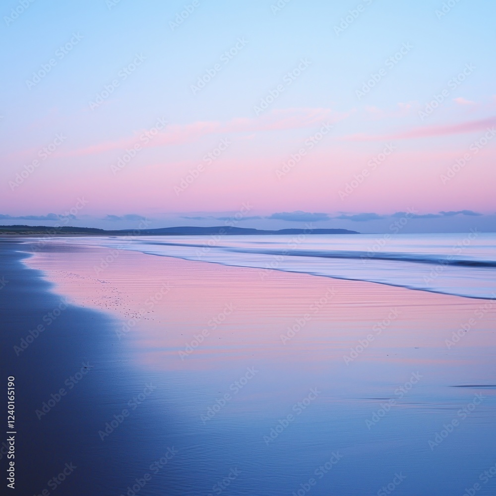Fototapeta premium A tranquil beach scene at sunset, featuring soft pink and blue pastel hues reflecting on the calm water and sand.