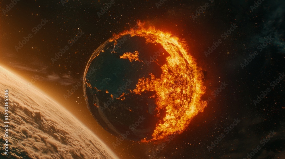 Fototapeta premium Earth in Flames: Surreal Cosmic Scene of Planet Burning with Fiery Flames and Dramatic Outer Space Background