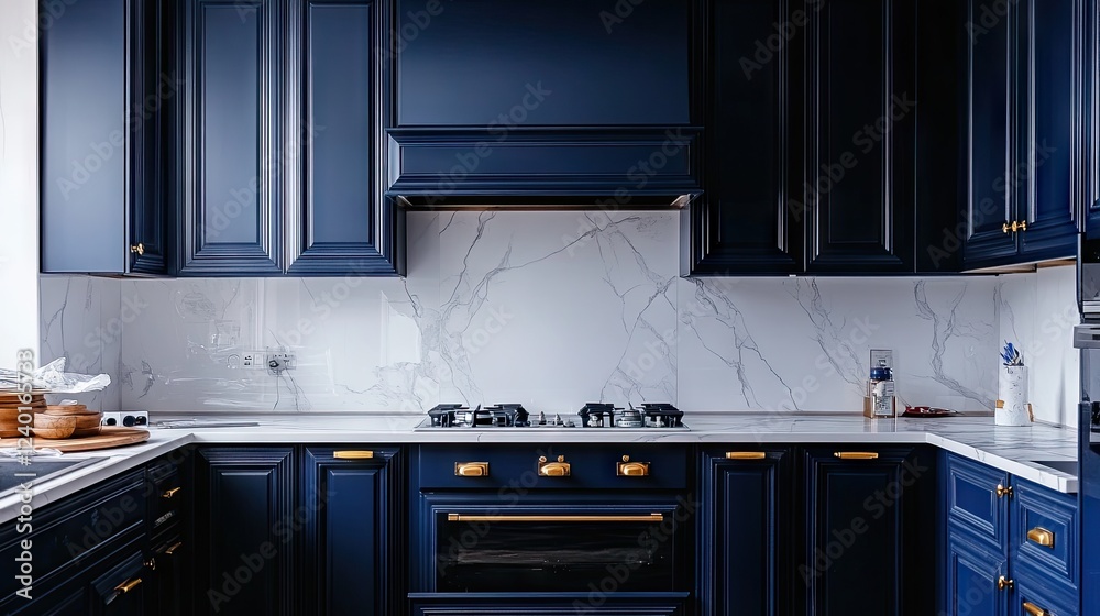 Kitchen renovation with deep navy blue cabinets, gold handles, and a marble backsplash being installed.