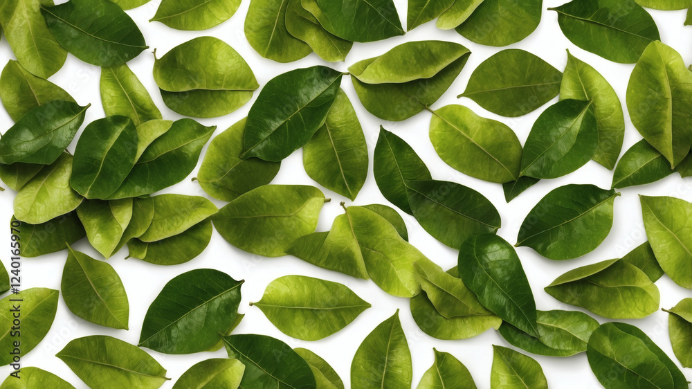 Obraz premium A collection of vibrant green lime tree leaves scattered on a white background, creating a refreshing and natural pattern.