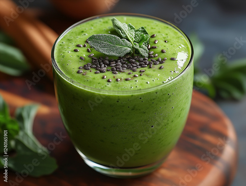 A fresh herbal smoothie in a transparent glass, captured in a food photo