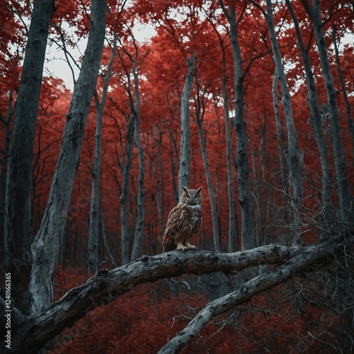 A red forest with an owl perched on an ancient branch, scanning the horizon.