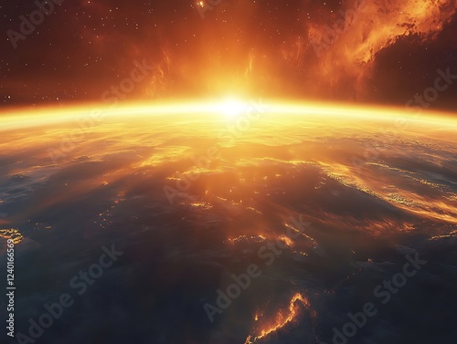 A beautiful sunrise casting golden light over the Earth's horizon as seen from space, with glowing city lights and atmospheric details creating a breathtaking view.