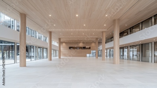 Modern office lobby, wood accents, spacious floor, glass walls, background greenery