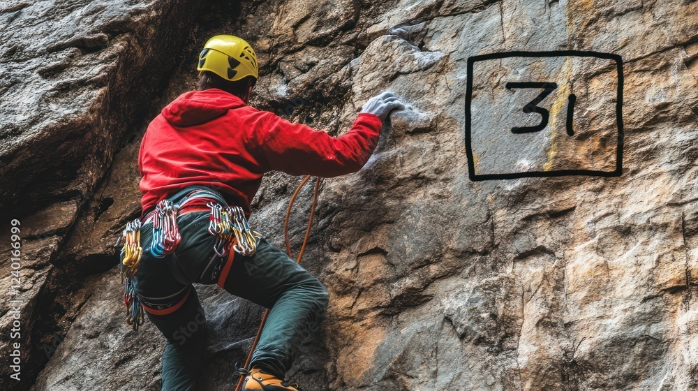 Fototapeta premium Climber ascends challenging rock face, number 31 marked.