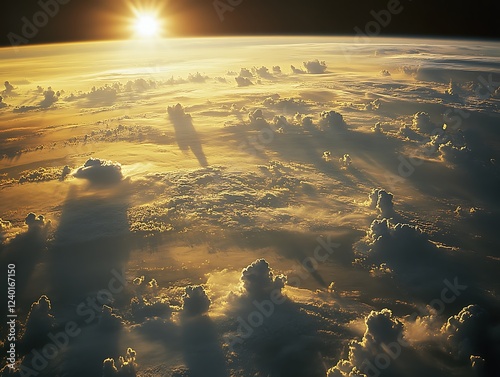A beautiful sunrise casting golden light over the Earth's horizon as seen from space, with glowing city lights and atmospheric details creating a breathtaking view.