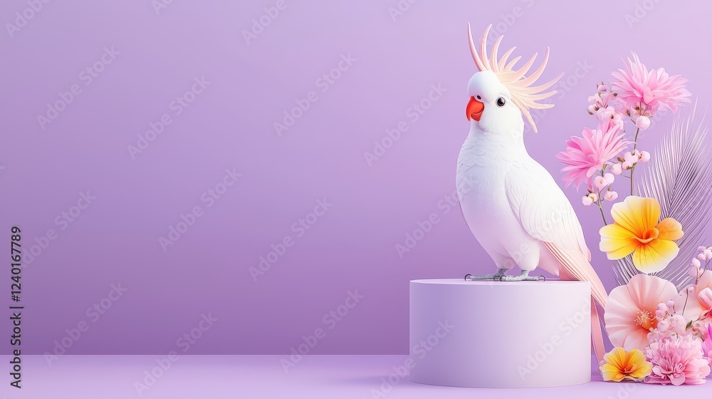 A cute crowned Bourke parrot standing on a pedestal, surrounded by soft pink flowers, isolated on a vibrant violet background, exuding a whimsical and minimalist style.
