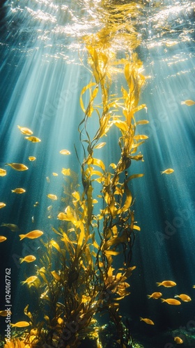 Underwater scene with golden fish and kelp forest bathed in sunlight rays through water