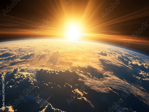 A beautiful sunrise casting golden light over the Earth's horizon as seen from space, with glowing city lights and atmospheric details creating a breathtaking view.