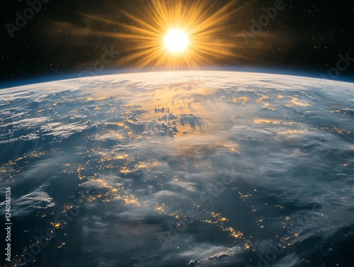 A beautiful sunrise casting golden light over the Earth's horizon as seen from space, with glowing city lights and atmospheric details creating a breathtaking view.