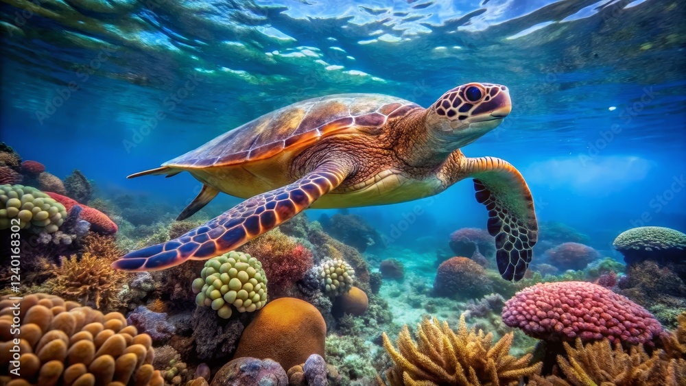 Obraz premium Graceful Sea Turtle Swimming Through Vibrant Coral Reef Scene