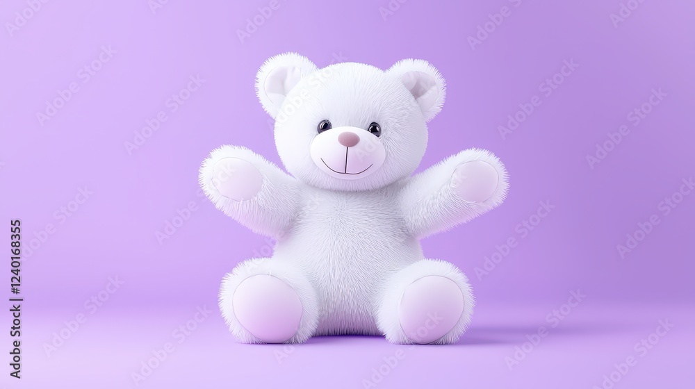 A fuzzy white teddy bear sitting with tiny arms open on a soft violet background, evoking feelings of love, nostalgia, and childhood memories. A fuzzy white teddy bear sitting with tiny arms open on a soft violet background, evoking feelings of love, nostalgia, and childhood memories.