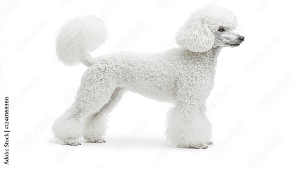 White poodle dog standing on white background, fluffy coat, elegant pose, profile view, studio shot White poodle dog standing on white background, fluffy coat, elegant pose, profile view, studio shot