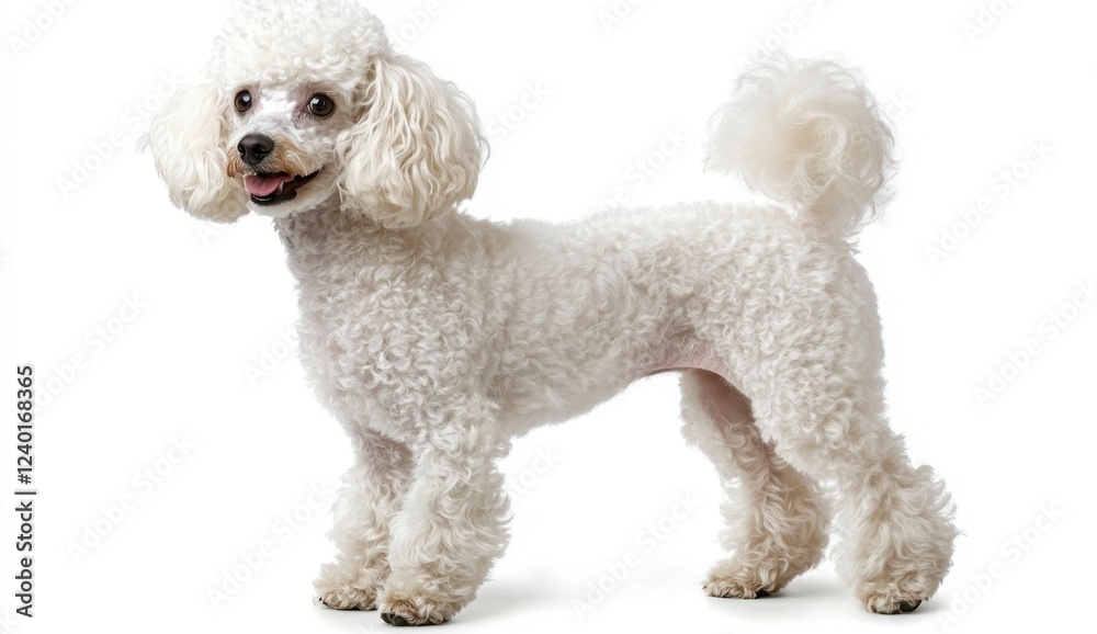 A fluffy white poodle stands against a bright white background. The dog is looking toward the viewer with its tongue slightly out. The poodle's fur A fluffy white poodle stands against a bright white background. The dog is looking toward the viewer with its tongue slightly out. The poodle's fur