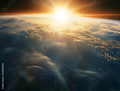 A beautiful sunrise casting golden light over the Earth's horizon as seen from space, with glowing city lights and atmospheric details creating a breathtaking view.