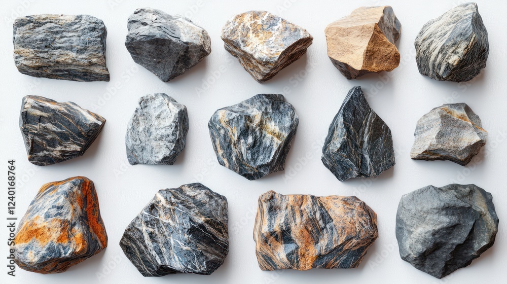 Collection of various rocks with unique textures and colors isolated on white background. Collection of various rocks with unique textures and colors isolated on white background.