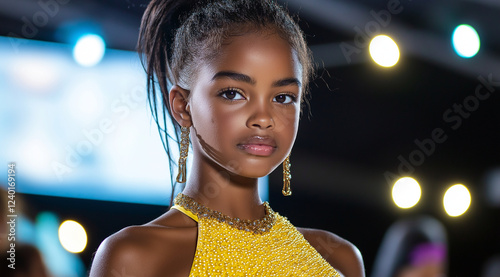 An African American teenage girl in a yellow dress, walking on the runway at an indoor event hall with an LED screen behind her. She has gold earrings and a necklace, posing confid photo