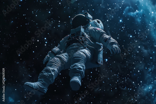 man in space suit floating in space photo