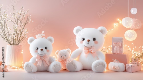 A peaceful pink nursery with gentle lighting and cute white bear plush toys with light bows, designed to provide a cozy and calming space for babies to grow.