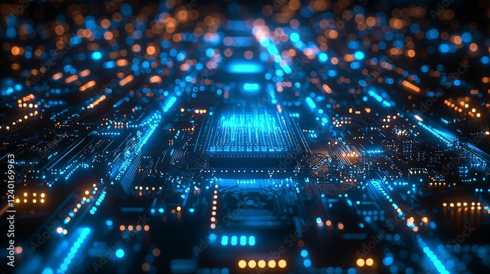 High-Tech Futuristic Neon Circuit Board with Glowing Blue Lights High-Tech Futuristic Neon Circuit Board with Glowing Blue Lights