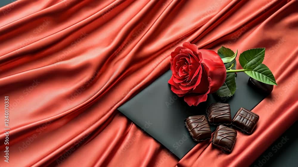 A romantic arrangement featuring a red rose, chocolate treats, and a sleek black card on luxurious red satin fabric.