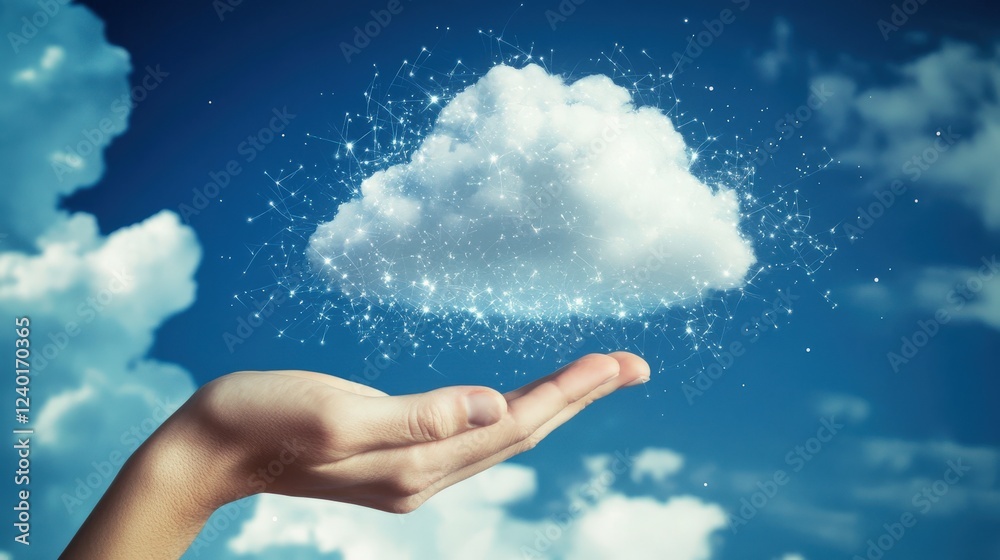Hand Holding Cloud with Starry Particles on Blue Sky Background Hand Holding Cloud with Starry Particles on Blue Sky Background