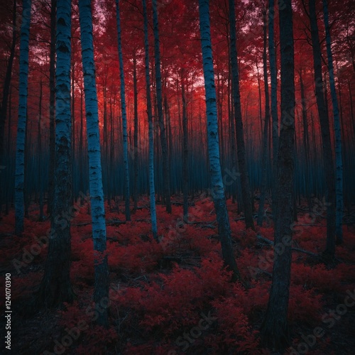 A twilight red forest with long blue shadows.
