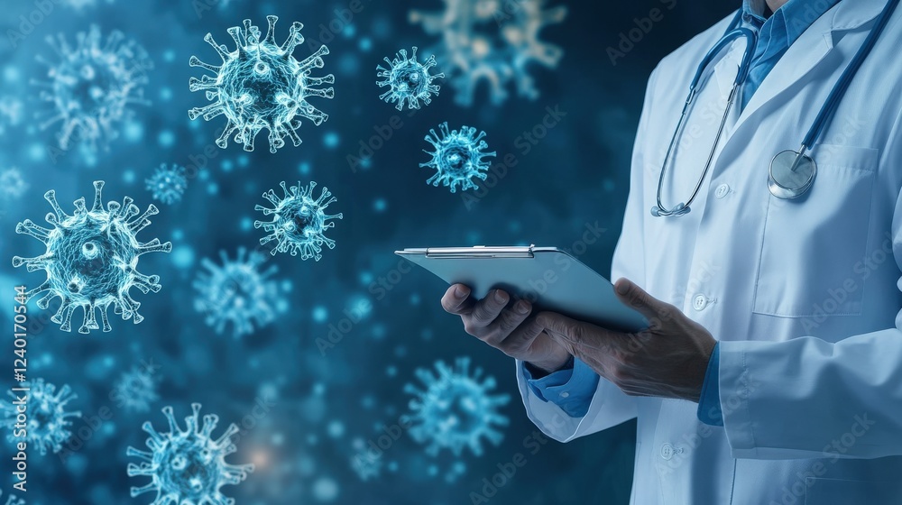 Doctor Holding Tablet with Virus Illustrations on Blue Background Doctor Holding Tablet with Virus Illustrations on Blue Background