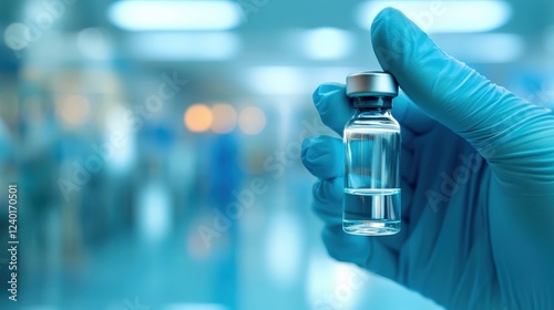 Hand Holding Vaccine Vial in Laboratory Setting with Blurred Background