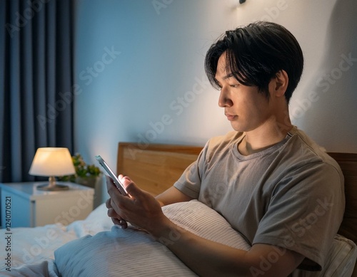 就寝前にスマートフォンを使用する日本人男性 – ナイトモードの光とリラックスした雰囲気