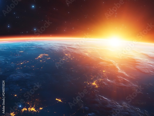 A beautiful sunrise casting golden light over the Earth's horizon as seen from space, with glowing city lights and atmospheric details creating a breathtaking view.