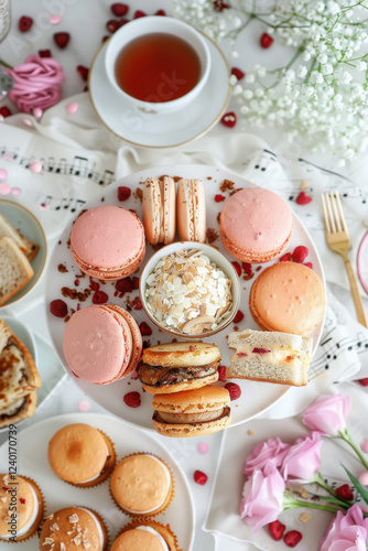 musical high tea food charley, scones, macaroons, sandwiches, musical notes, white background photo