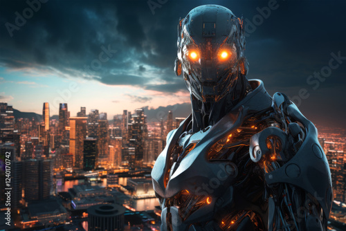 robot on building at cityscape background