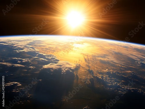 A beautiful sunrise casting golden light over the Earth's horizon as seen from space, with glowing city lights and atmospheric details creating a breathtaking view.