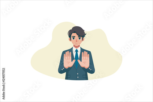 Illustration Serious man shows stop gesture. Stop sign with hands and negative expression. Vector illustation.