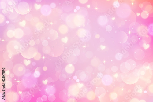 Pink lovely background with cute hearts and pattern of bokeh. Light pastel fantasy gradient sky with magic stars. Valentine Day blurred girly wallpaper. Dreamy glowing backdrop