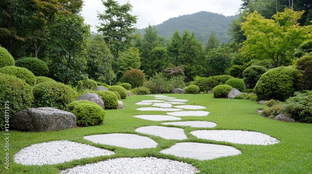 Serene Japanese garden path, mountain backdrop, landscaping design Serene Japanese garden path, mountain backdrop, landscaping design