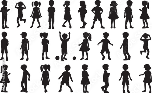 Kids silhouette vector illustration showing multiple children in playful and standing poses. Ideal kid set for educational designs, websites, or creative projects requiring children themed visuals