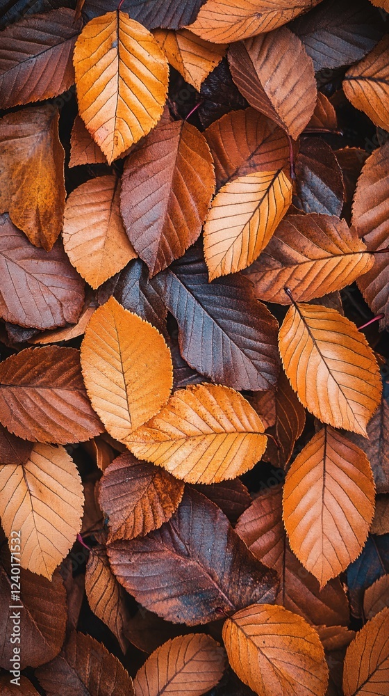 Autumnal Leaves in Warm Hues Displaying Texture and Pattern in a Natural Setting Autumnal Leaves in Warm Hues Displaying Texture and Pattern in a Natural Setting