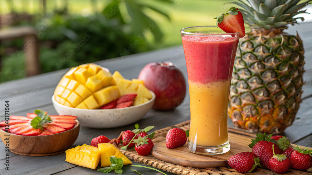 Refreshing Tropical Fruit Smoothie in a Glass with Fresh Fruits Refreshing Tropical Fruit Smoothie in a Glass with Fresh Fruits