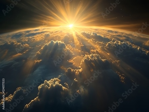 A beautiful sunrise casting golden light over the Earth's horizon as seen from space, with glowing city lights and atmospheric details creating a breathtaking view.