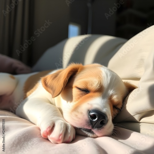 Un cachorro durmiendo en casa. Esta en la cama. El sol brilla sobre el cachorro. Estoy tomando una siesta. Es un lindo cachorro.