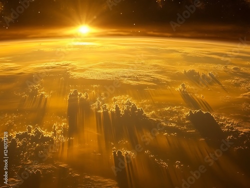 A beautiful sunrise casting golden light over the Earth's horizon as seen from space, with glowing city lights and atmospheric details creating a breathtaking view.