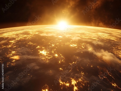 A beautiful sunrise casting golden light over the Earth's horizon as seen from space, with glowing city lights and atmospheric details creating a breathtaking view.