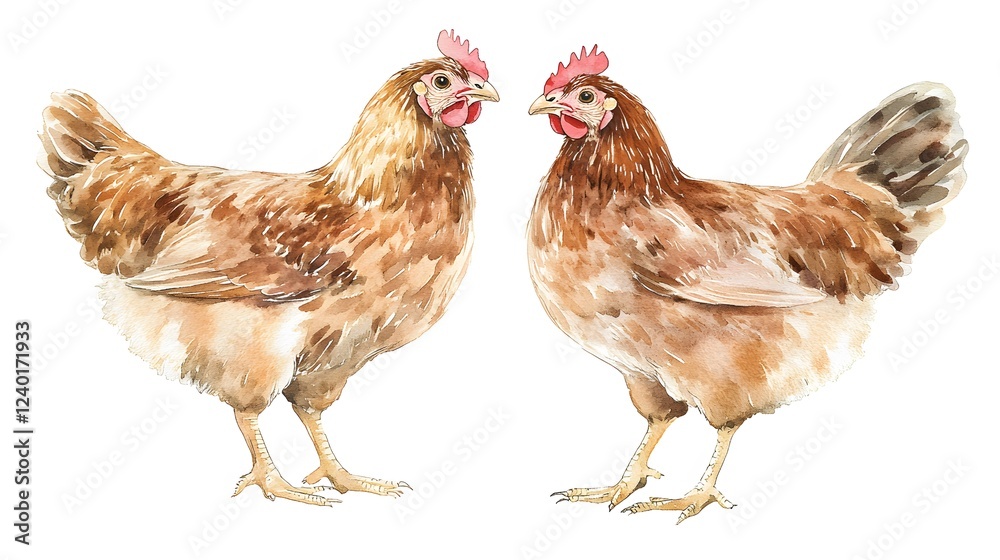 Fototapeta premium Two Brown Hens Facing Each Other Watercolor Painting