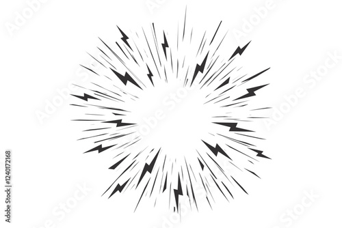 Comic speed lines. Radial manga burst. Vector cartoon action and motion rays with lightnings. Boom effect with perspective. Explosion roar and scream stripes on white background
